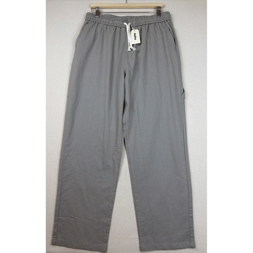 Ouku Linen Cotton Pants Mens L Gray NWT Preppy Drawstring Elastic Waist Trousers